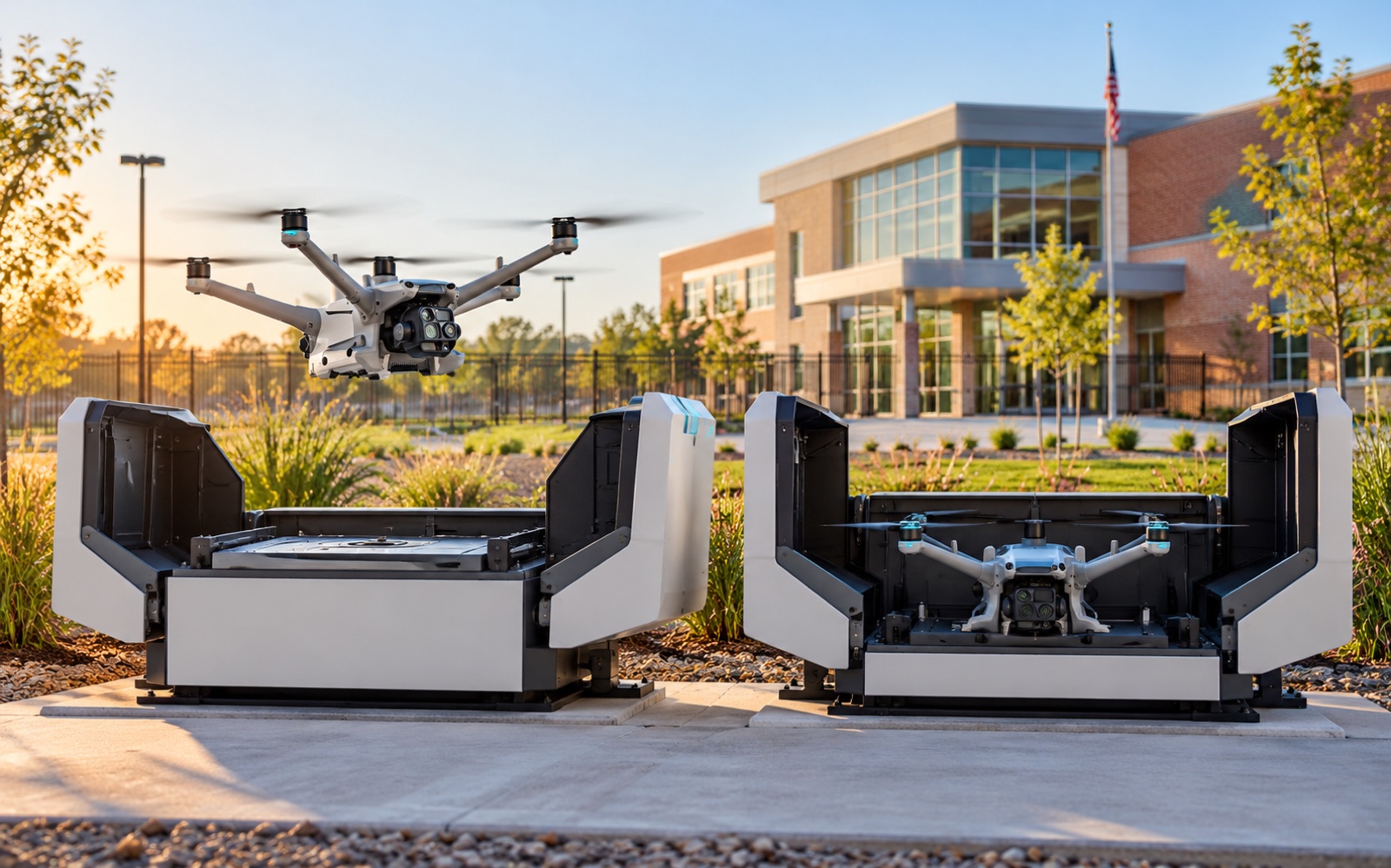 Two customized EvaSchoolSight aircraft using adjacent automated charging docks at a school