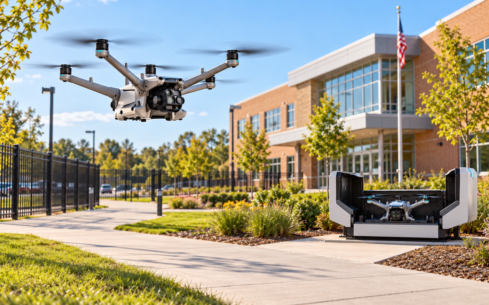 One customized EvaSchoolSight aircraft observing a school perimeter while its paired aircraft remains docked